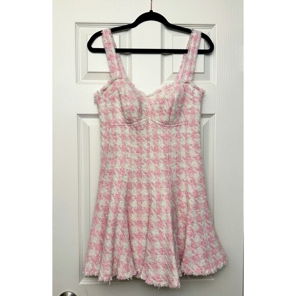 LoveShackFancy Mini Dress Women’s Size 6 “Josalie” Wool Houndstooth Pink New - Picture 4 of 10